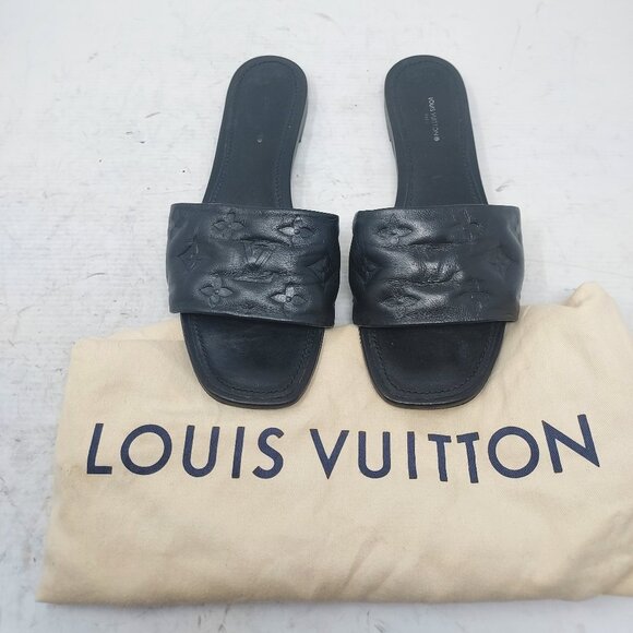 Louis Vuitton Black Monogram Embossed Leather Revival Flat Slide Sandal Size EU - Picture 1 of 13